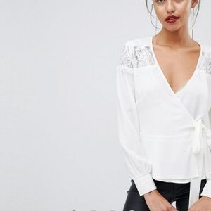 Ivory Cream Ruffle Detail Lace Insert Wrap Blouse